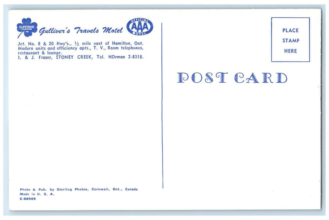 c1960's Parking at Gulliver's Travels Motels Hamilton Ontario Canada Postcard