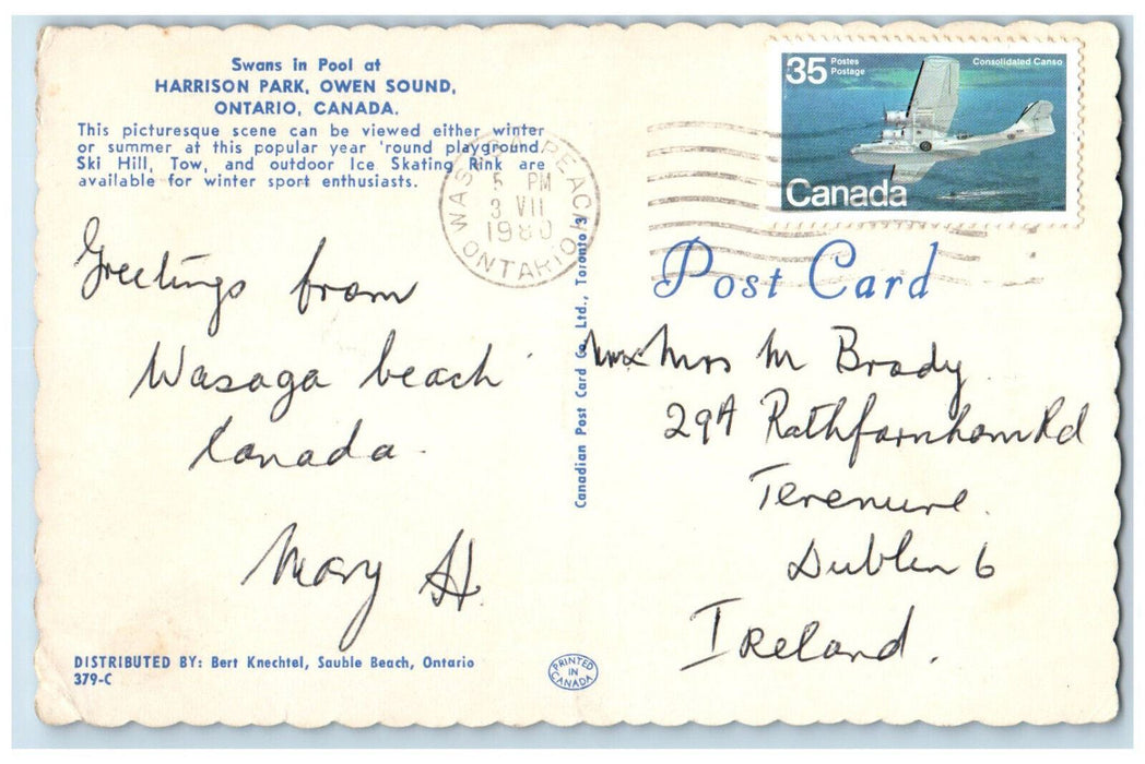 1980 Swans in Pool Harrison Park Owen Sound Ontario Canada Posted Postcard
