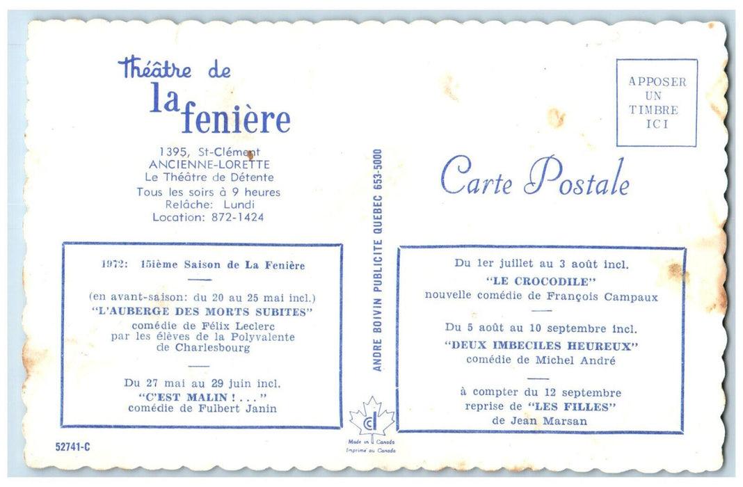 c1950's Theatre De La Feniere St-Clement Ancienne-Lorette Canada Postcard