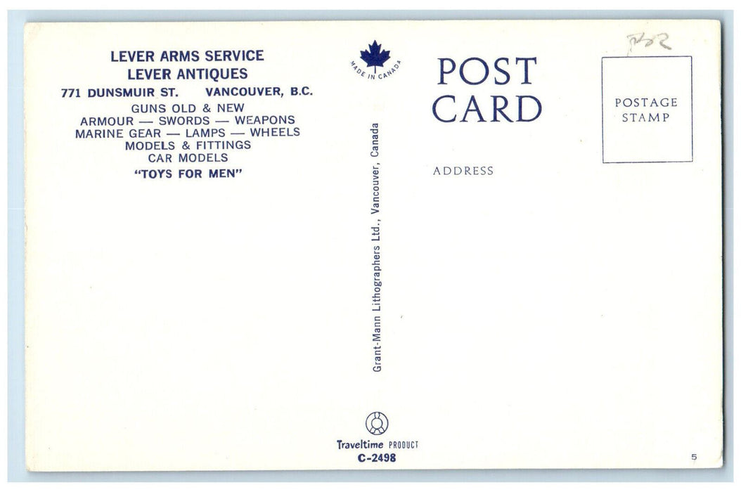 c1960's Lever Arms Service Lever Antiques Vancouver BC Canada Postcard