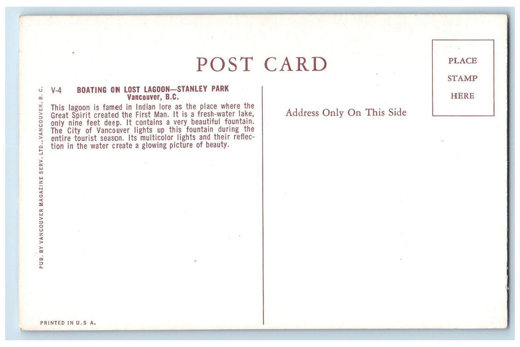 c1960's Boating on Lost Lagoon Stanley Park Vancouver BC Canada Postcard