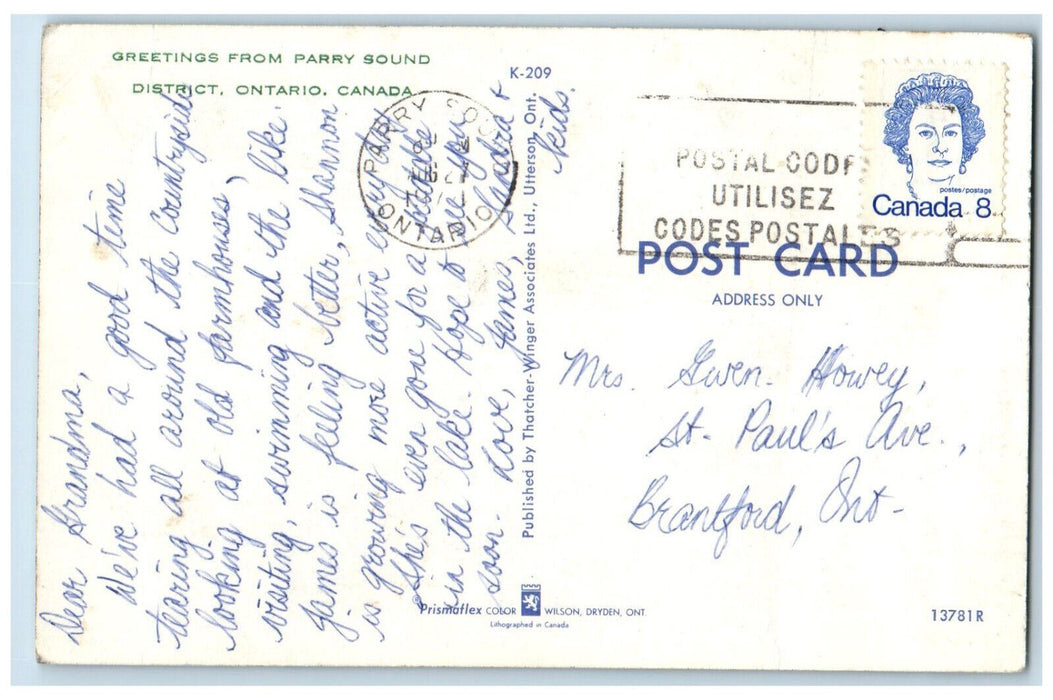 1974 Greetings from Parry Sound District Ontario Canada Vintage Postcard