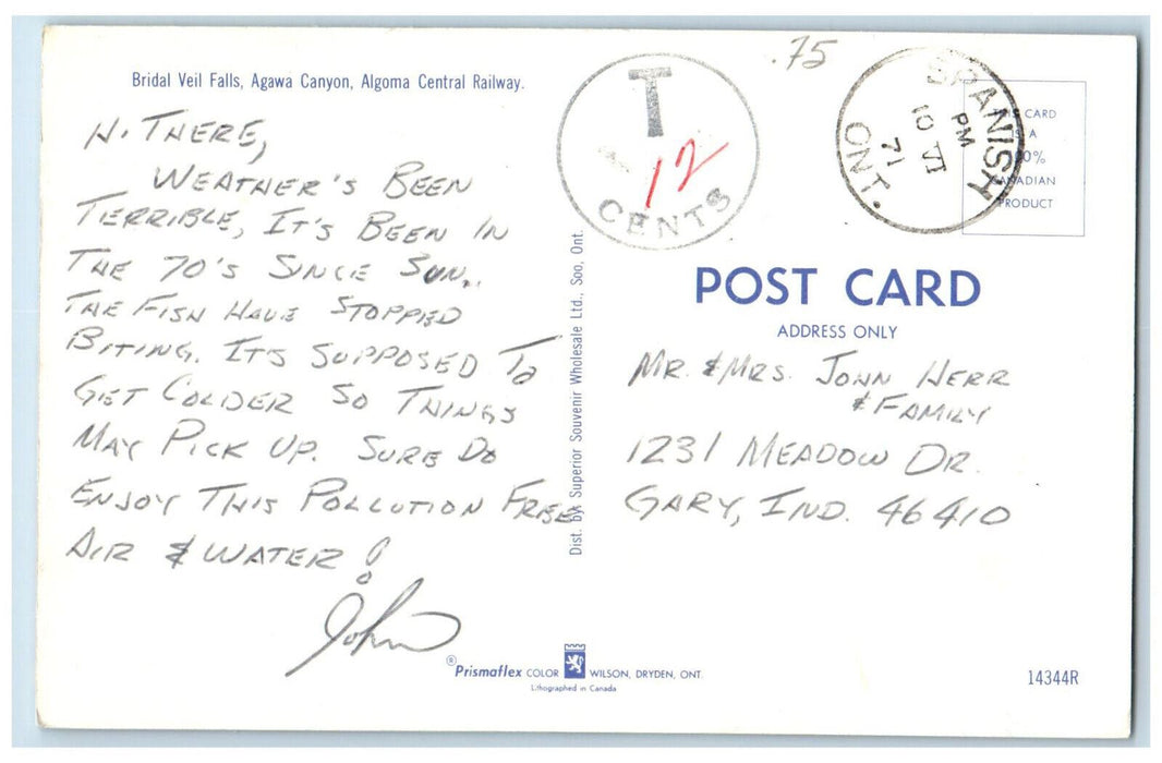 1971 Bridal Veil Falls Agawa Canyon Algoma Central Railway Canada Postcard