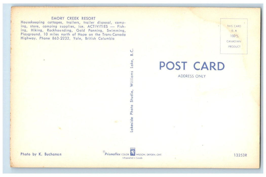 c1950's River Bridge at Emory Creek Yale British Columbia Canada Postcard