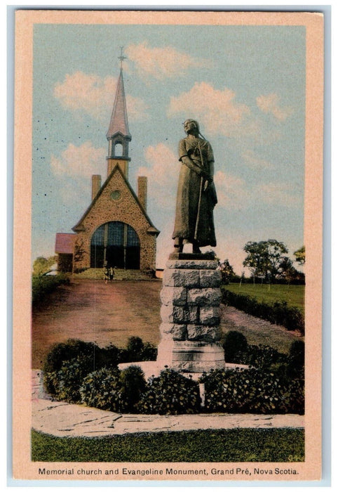 c1940's Memorial Church and Evangeline Monument Grand Pre NS Canada Postcard