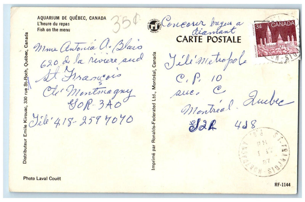 1987 Fish on the Menu Aquarium De Quebec Canada Vintage Posted Postcard