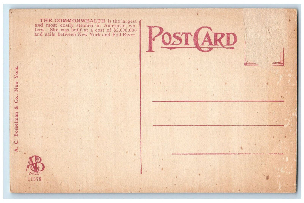 c1910 Steamer Commonwealth Fall River Line Canada Antique Unposted Postcard