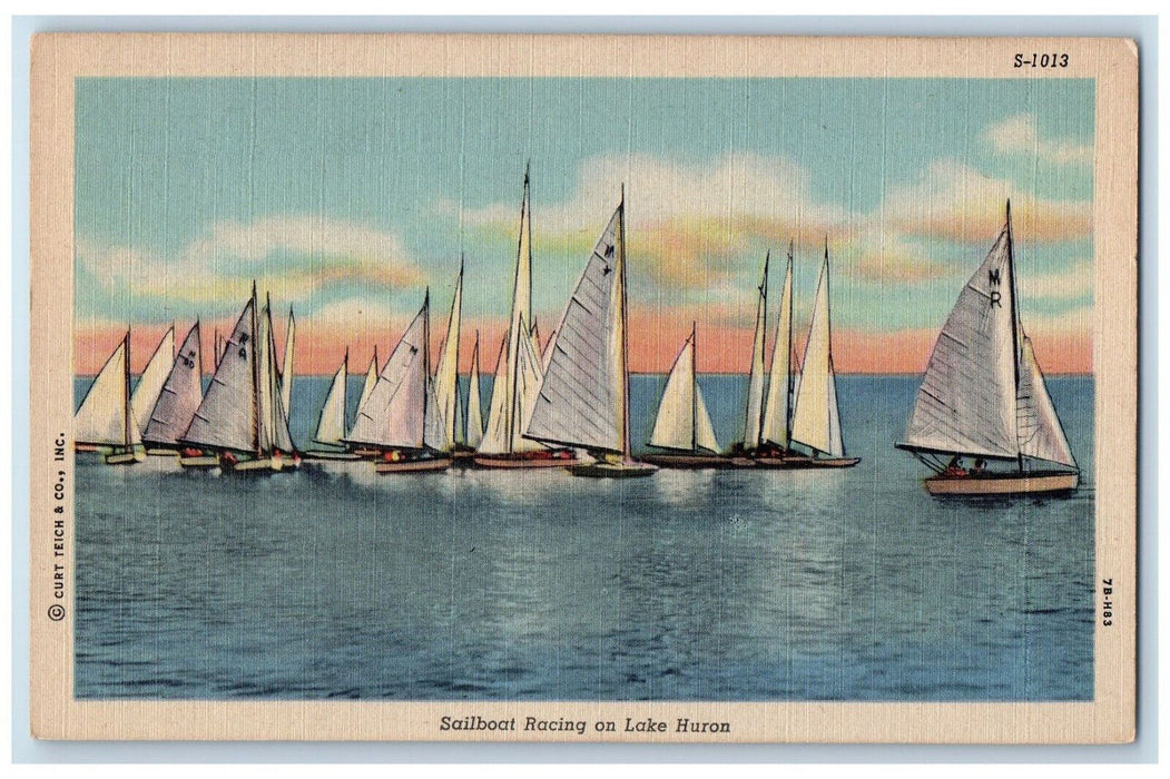 c1940's Sailboat Racing on Lake Huron Canada Vintage Unposted Postcard