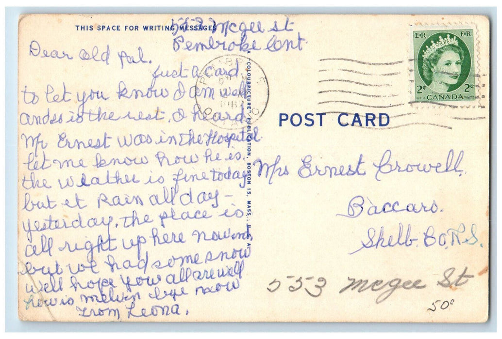 1962 Boating Scene at Pembroke Ontario Canada Vintage Posted Postcard