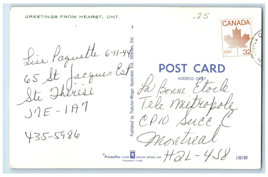 c1950's Greetings from Hearst Ontario Canada Vintage Posted Postcard