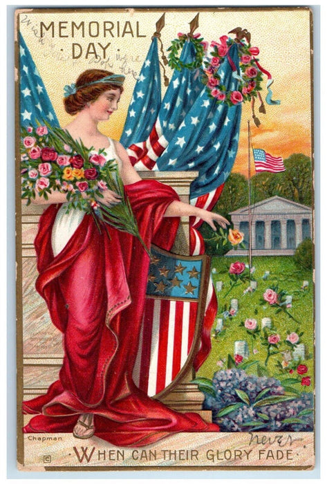 1910 Memorial Day Pretty Woman Flowers Patriotic Embossed Clapsaddle Postcard