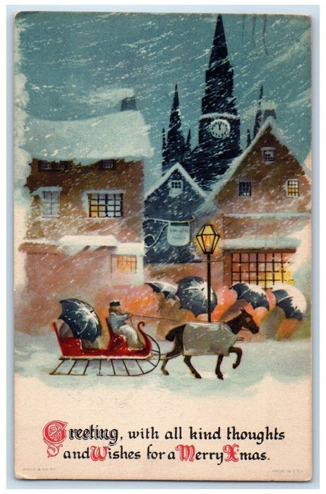 Christmas Greeting Horse Sleigh Snowfalls Winter Clock Tower Wolf Postcard