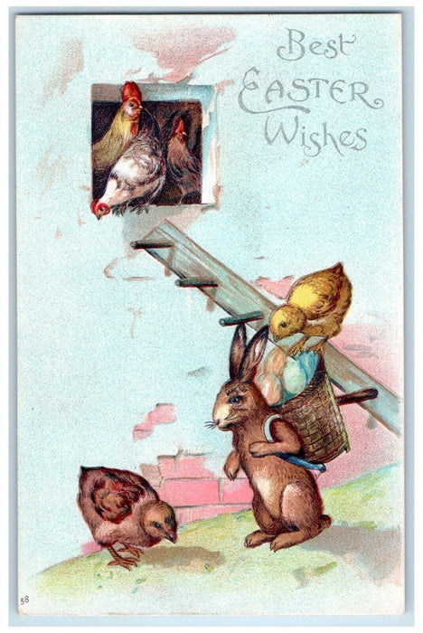 c1905 Easter Wishes Rabbit Eggs Chicken Hen Chicks Clapsaddle Antique Postcard