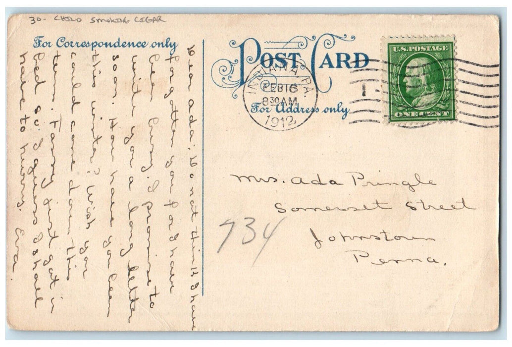 1912 Child Smoking Cigar Ain't He Grand Indiana PA Posted Antique Postcard