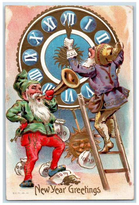 c1910's New Year Greetings Elves Gnomes Trumpet Clock Sack Of Coins Postcard