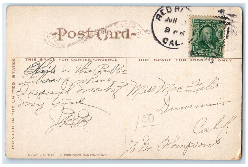 1909 Kraft Memorial Public Library Building Red Bluff California Posted Postcard