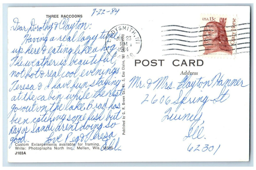 1984 Three Raccoons Rose Resort Potato Lake Weyerhauser Wisconsin WI Postcard