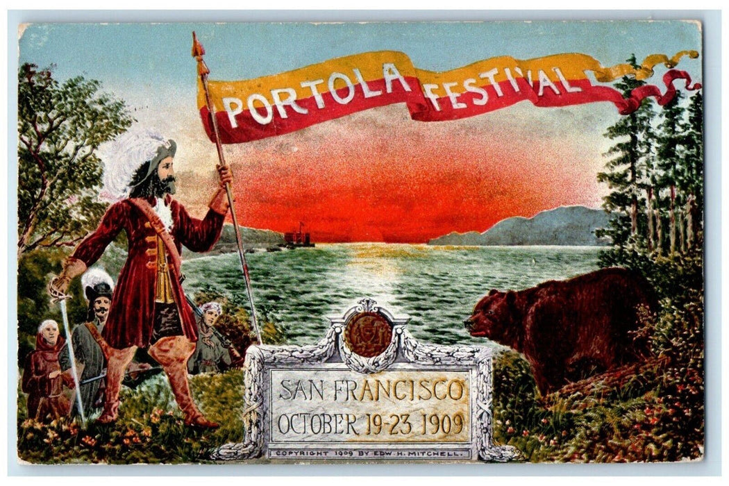 1909 Portola Festival Soldier Bear Pennant San Francisco California CA Postcard