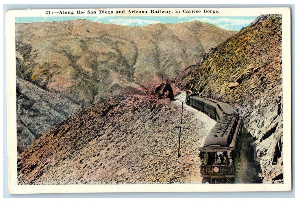c1920 Along San Diego Arizona Railway Carriso Gorge Train California CA Postcard
