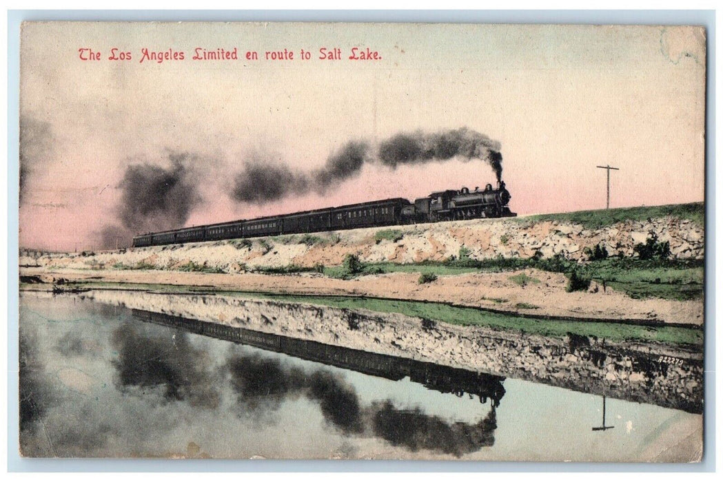 1908 Los Angeles Limited En Route Locomotive Train Rail Salt Lake Utah Postcard