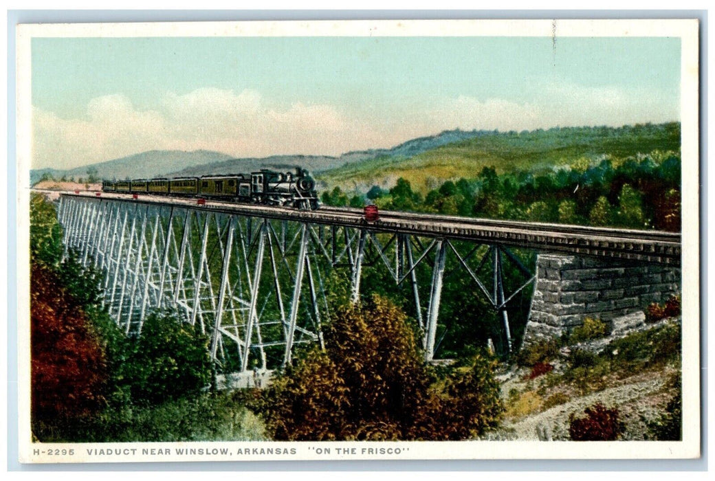 1910 On The Frisco Viaduct Locomotive  Winslow Arkansas AR Fred Harvey Postcard