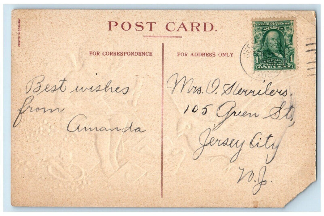 1906 Valentine Angel Stamp Hearts Letters Dove Embossed Jersey City NJ Postcard