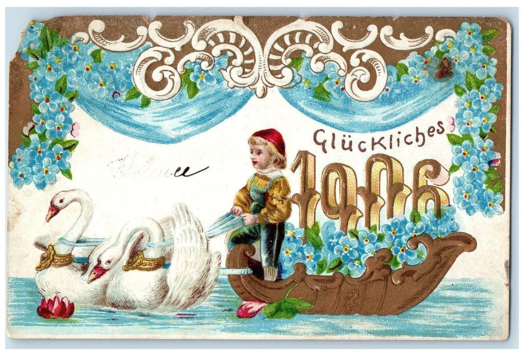1906 Swan Pulling Boat Pansies Flowers Embossed Unposted Antique Postcard