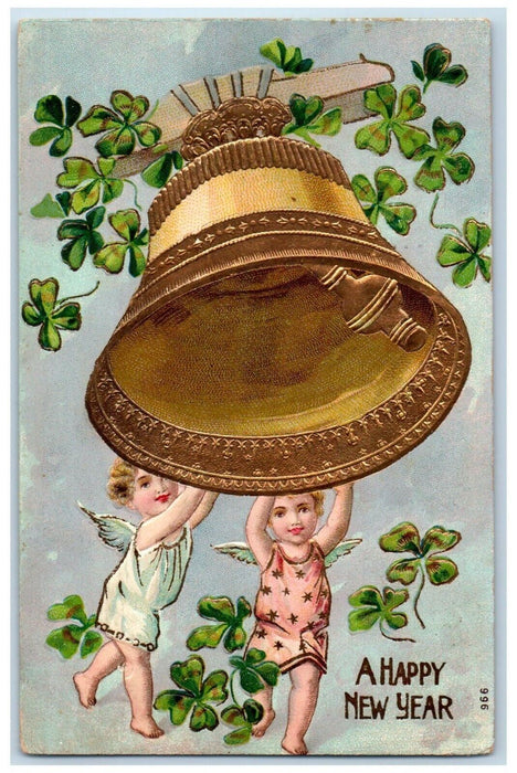 1909 Happy New Year Angels Ringing Bell Shamrock Embossed Antique Postcard