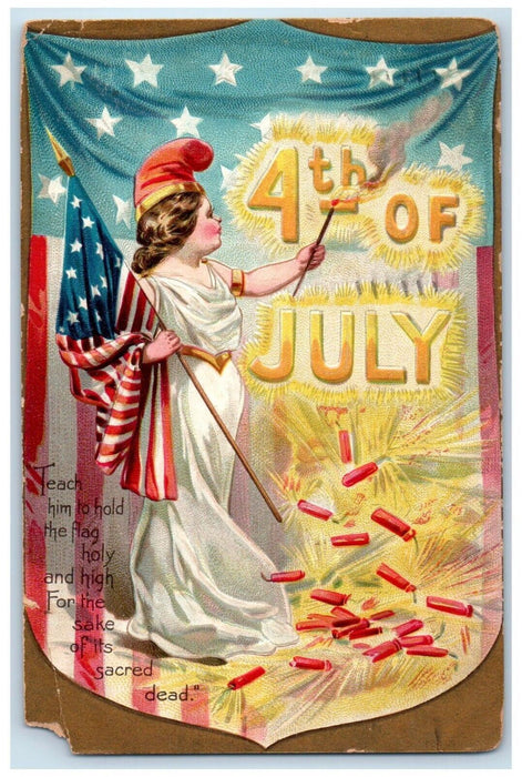 Fourth Of July Woman Firecrackers Patriotic Embossed Tucks Rochester NY Postcard