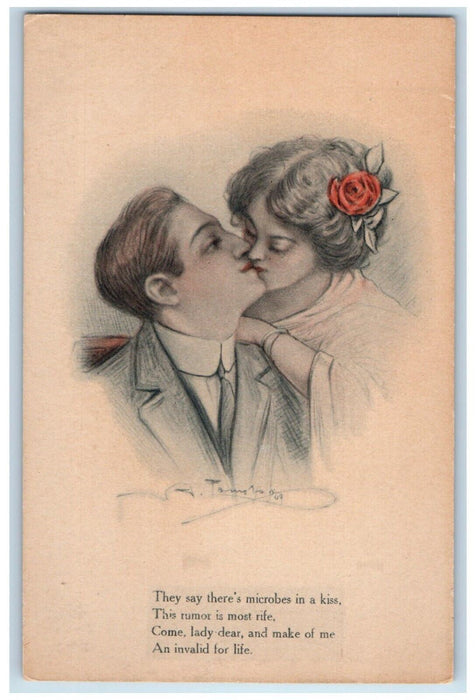 c1910's Sweet Couple Kissing Romance Flowers Head Unposted Antique Postcard