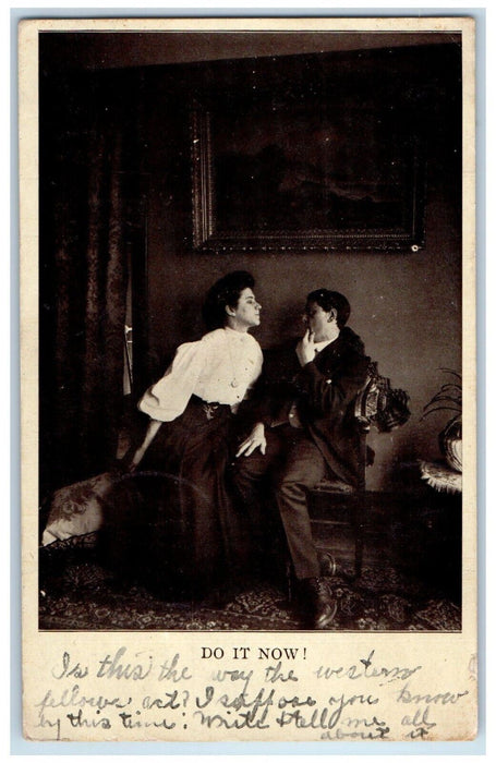 1907 Couple Romance House Interior Do It Now Ridge Falls IL Antique Postcard