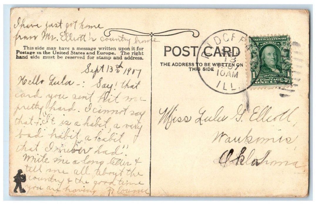 1907 Couple Romance House Interior Do It Now Ridge Falls IL Antique Postcard
