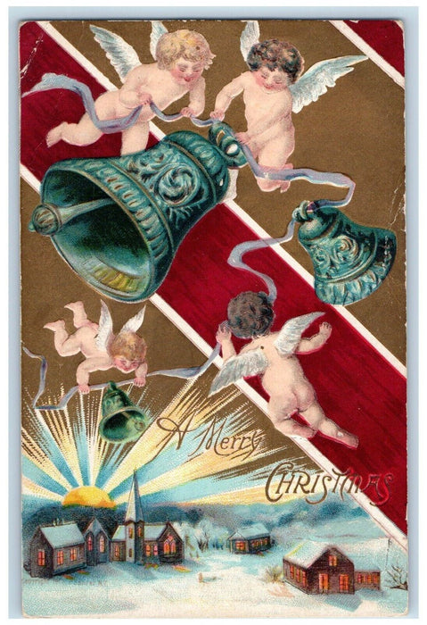 1908 Christmas Angels Ringing Bells House Church Rising Sun Winter Postcard