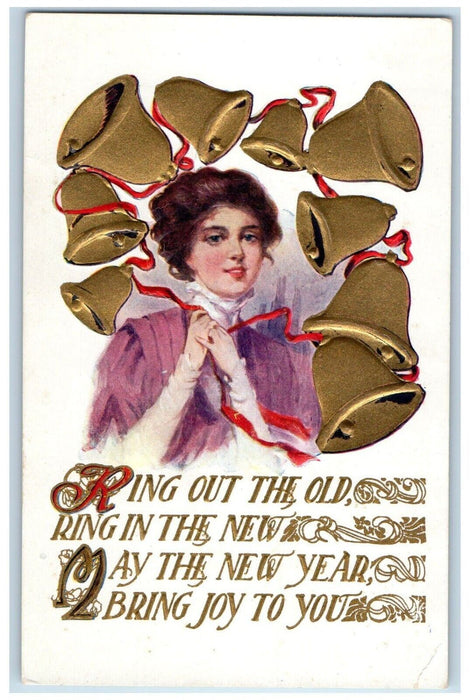 c1910's New Year Pretty Woman Ringing Bells Embossed Posted Antique Postcard