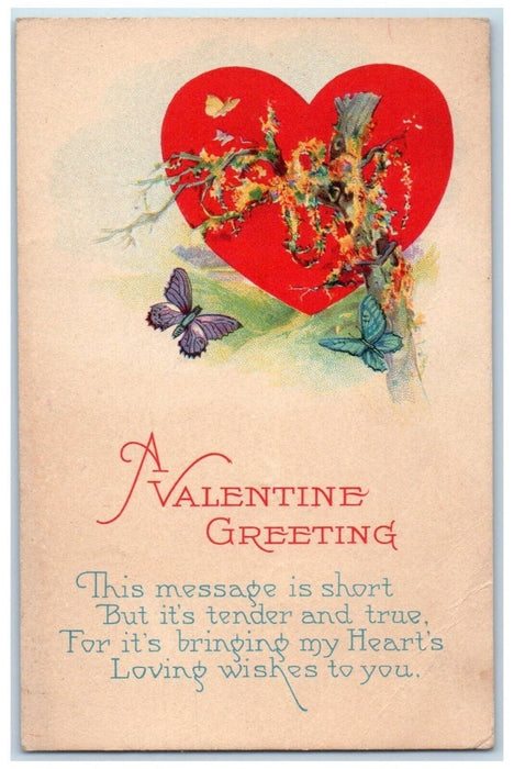 c1910's Valentine Greetings Big Heart Butterflies Posted Antique Postcard