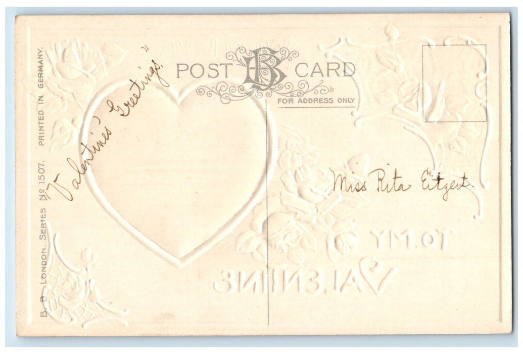 c1910's Valentine Heart Roses Flowers With Love Embossed Posted Antique Postcard