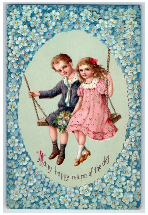 1912 Happy Returns Day Children Swing Pansies Auburn Massachusetts MA Postcard