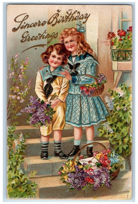 c1910's Birthday Greetings Children Flowers In Basket Embossed Antique Postcard