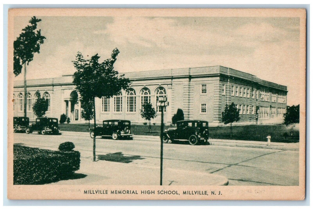 c1930's Millville Memorial High School Cars Millville New Jersey NJ Postcard