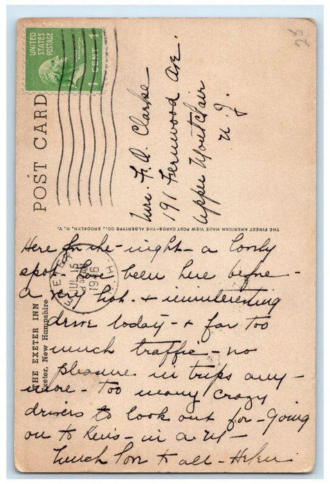 1946 The Exeter Inn Exeter New Hampshire NH Vintage Posted Postcard