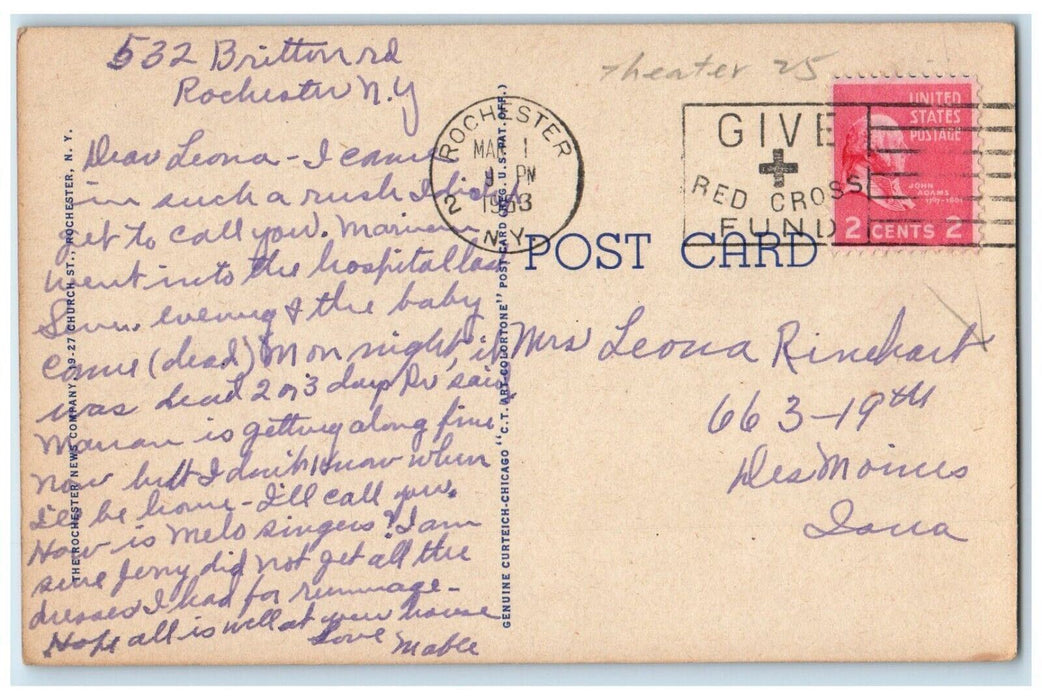 1953 Eastman Theater And Eastman School Of Music Cars Rochester NY Postcard