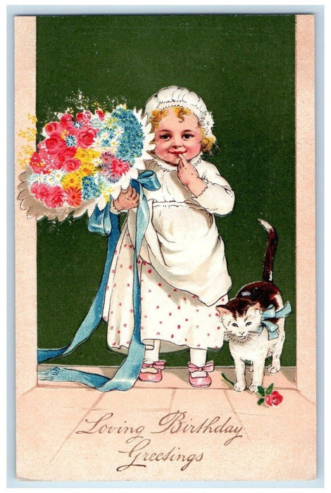 Birthday Greetings Little Girl Flowers Boquet And Cute Cat Present Postcard