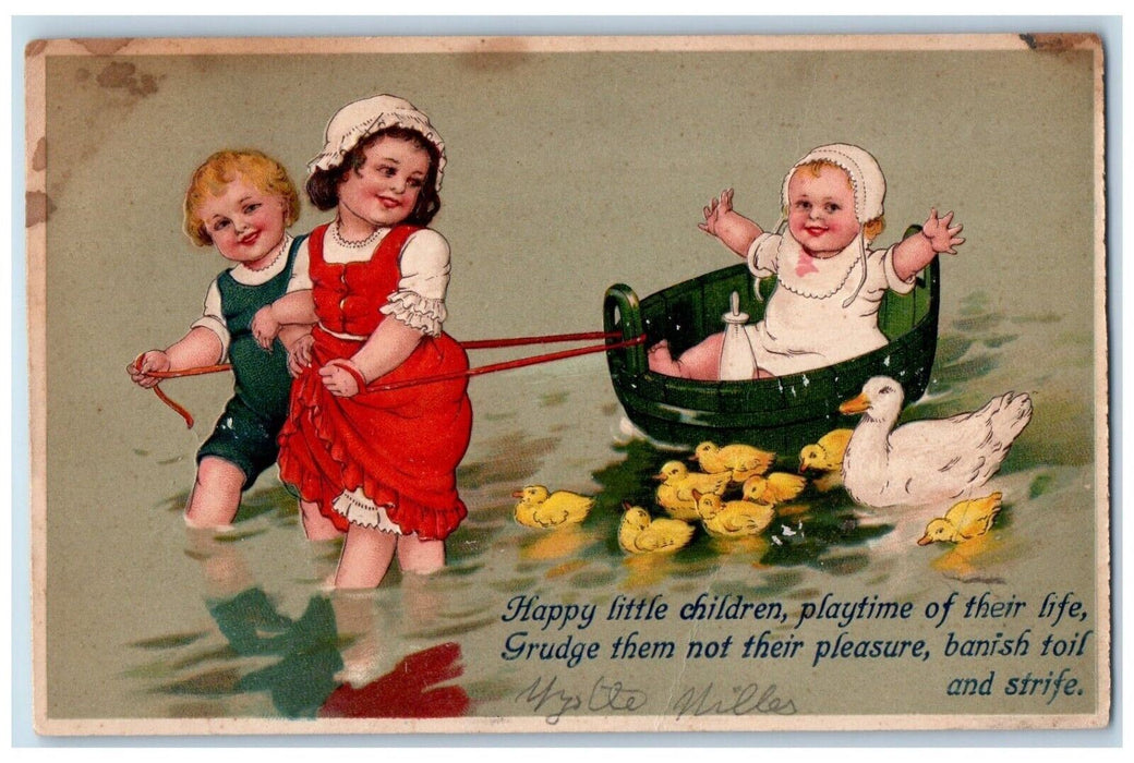 1909 Happy Little Children Playtime Boat Duck Duckling New Haven CT Postcard