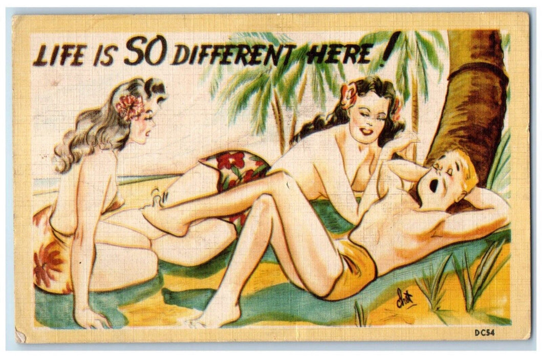 1953 Man And Sexy Womens At The Beach Palm Tree Omro Wisconsin WI Postcard