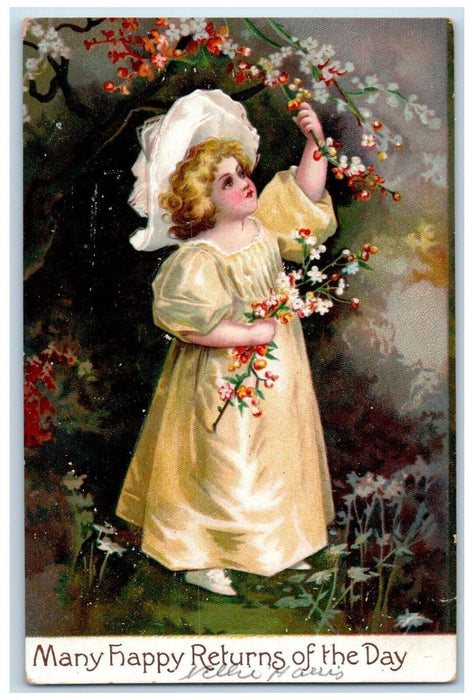 1909 Happy Returns Day Woman Harvesting Flowers Clapsaddle Embossed Postcard