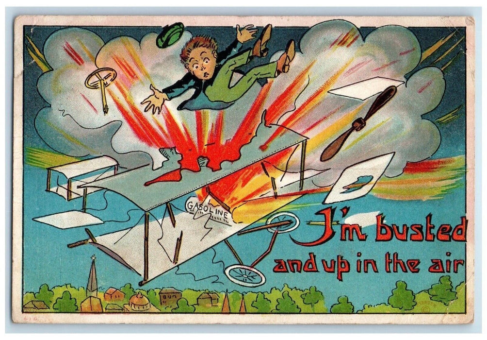 1910 Man Airplane Explosion I'm Busted Up In The Air Struble Iowa IA Postcard