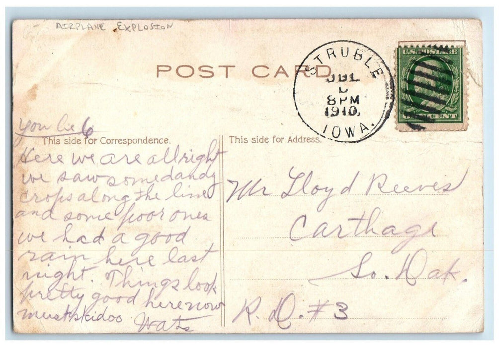 1910 Man Airplane Explosion I'm Busted Up In The Air Struble Iowa IA Postcard