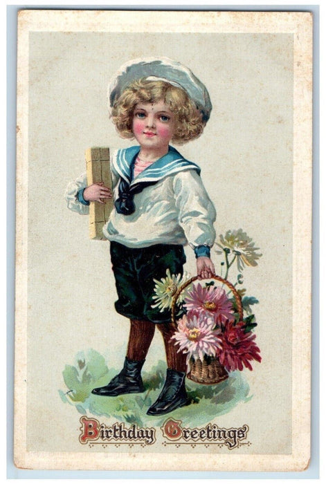 c1910's Birthday Greetings Boy With Gift And Flowers In Basket Tuck's Postcard