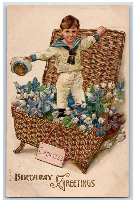 1908 Birthday Greetings Boy In Basket Pansies Flowers Express Embossed Postcard