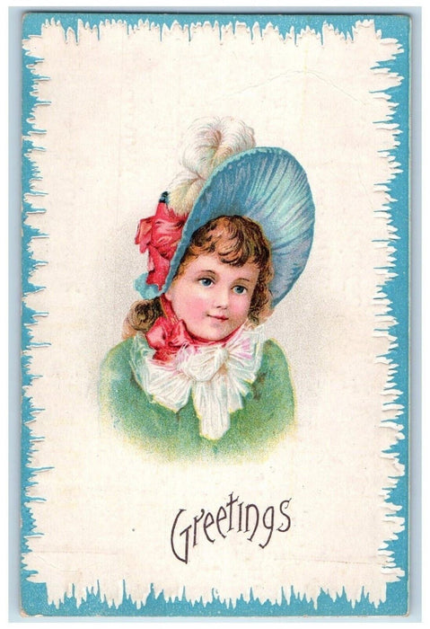 c1910's Greetings Pretty Girl Big Hat Curly Hair Feather Posted Antique Postcard